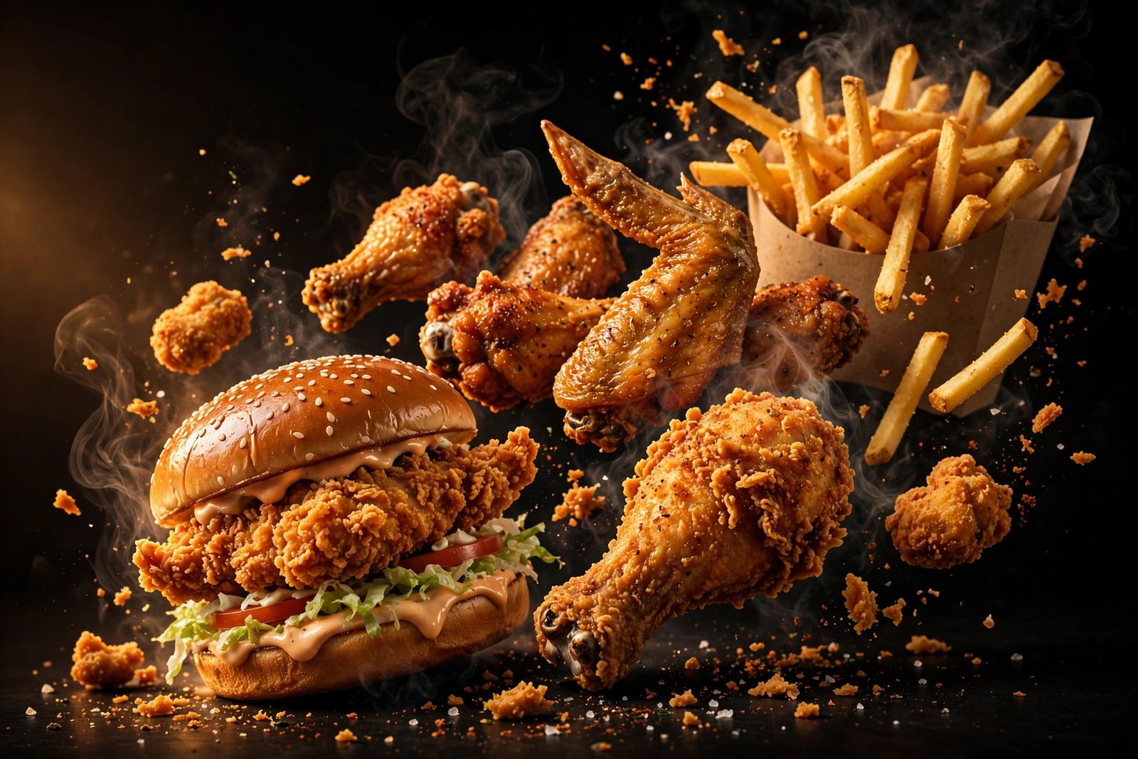 Crispy zinger burger, fried chicken, wings and fries