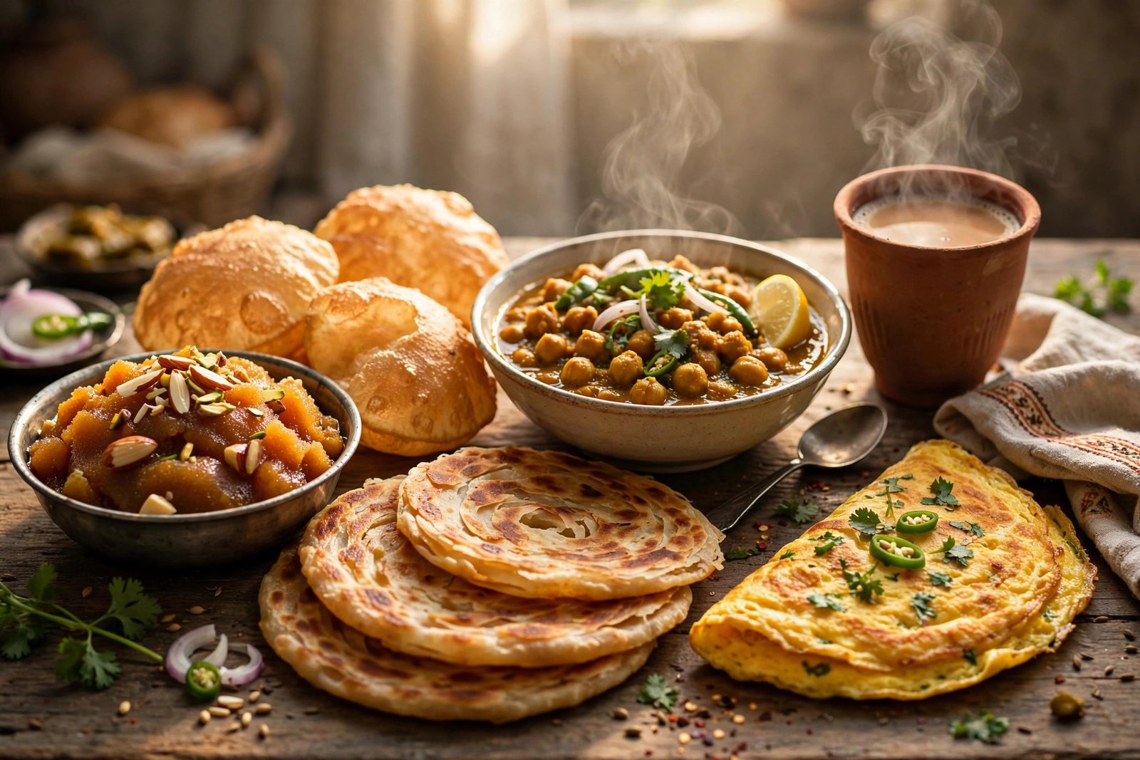 Nashta - halwa puri, parathas and chai