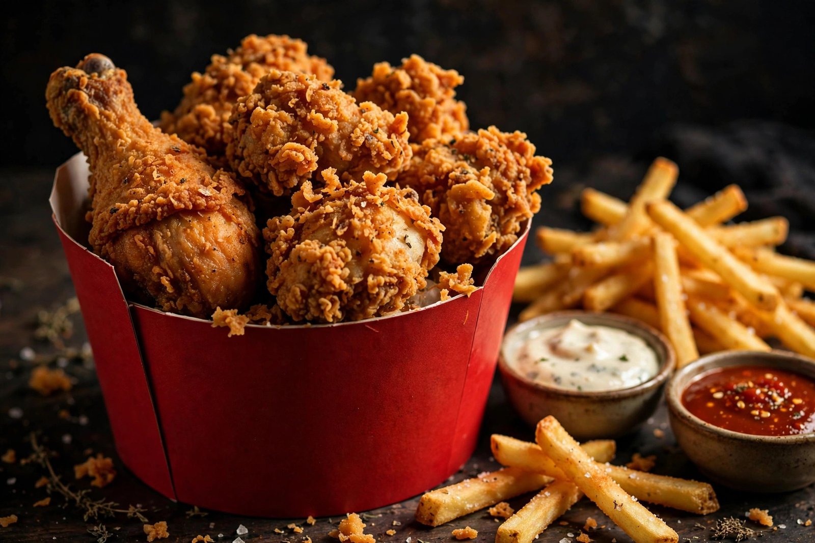 Crispy fried chicken bucket with fries