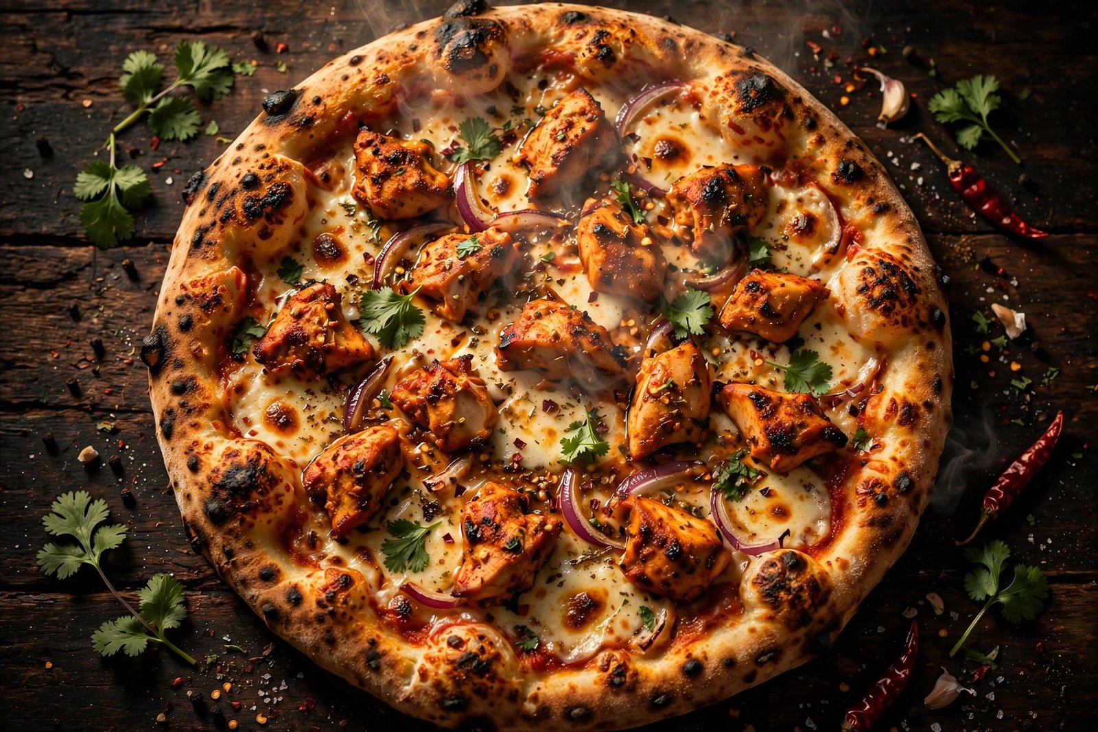 Wood-fired chicken tikka pizza